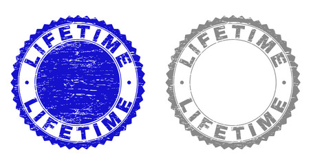 Grunge LIFETIME stamp seals isolated on a white background. Rosette seals with grunge texture in blue and grey colors. Vector rubber watermark of LIFETIME title inside round rosette.
