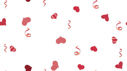 Festive Pattern of Hearts and Serpentine. Falling Red confetti. The idea of packaging, textiles, wallpaper, banner, printing. Vector Seamless Pattern on a White Background.