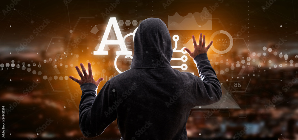 Poster hacker man holding artificial intelligence icon with half brain and half circuit 3d rendering