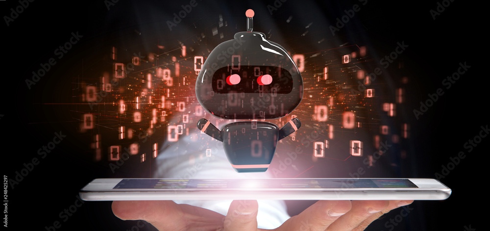 Poster businessman holding virus chatbot with binary code 3d rendering