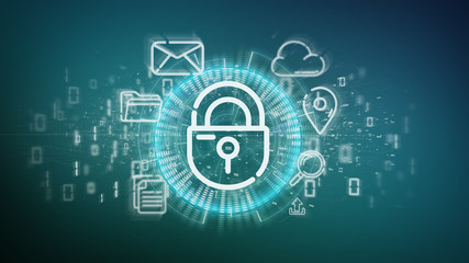 Security padlock wheel icon with multimedia and social media icon 3d rendering