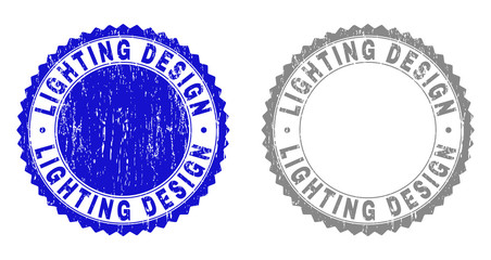 Grunge LIGHTING DESIGN stamp seals isolated on a white background. Rosette seals with distress texture in blue and grey colors. Vector rubber overlay of LIGHTING DESIGN caption inside round rosette.