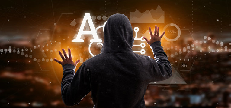 Hacker man holding artificial intelligence icon with half brain and half circuit 3d rendering