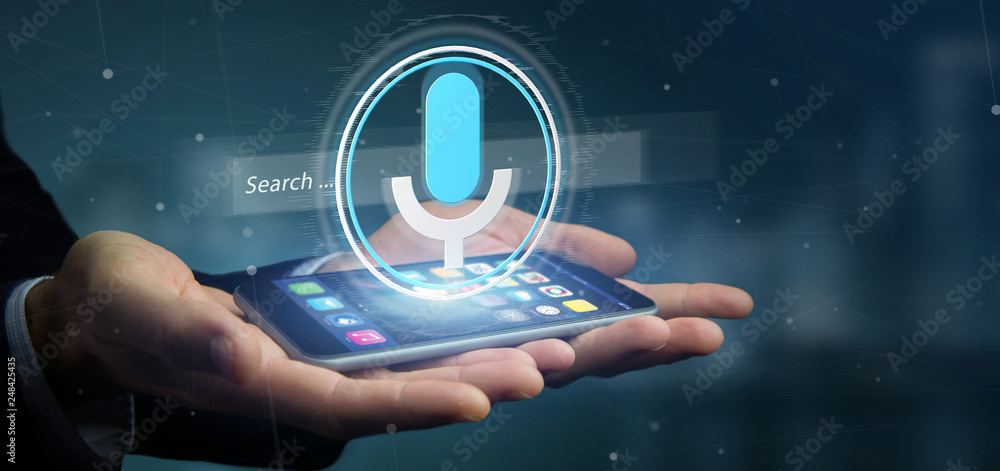Poster businessman holding a vocal search system with button and icon3d rendering