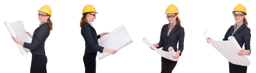 Female architect with blueprint isolated in white