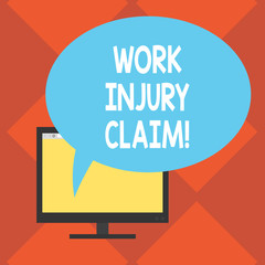 Handwriting text Work Injury Claim. Concept meaning insurance providing medical benefits to employees Mounted Computer Monitor Blank Screen with Oval Color Speech Bubble