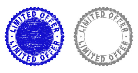Grunge LIMITED OFFER stamp seals isolated on a white background. Rosette seals with distress texture in blue and gray colors. Vector rubber stamp imprint of LIMITED OFFER caption inside round rosette.