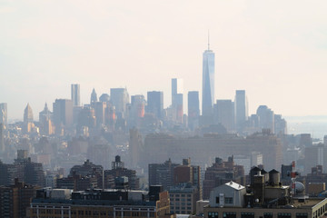 Aerial and panorama view of skyscrapers of  New York City, Manhattan.  Top view of night midtown of Manhattan.