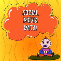 Text sign showing Social Media Data. Conceptual photo practice of gathering data from social media website Baby Sitting on Rug with Pacifier Book and Blank Color Cloud Speech Bubble