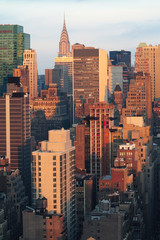 Fototapeta na wymiar Aerial and panorama view of skyscrapers of New York City, Manhattan. Top view of night midtown of Manhattan.