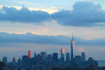 Fototapeta premium Aerial and panorama view of skyscrapers of New York City, Manhattan. Top view of night midtown of Manhattan.