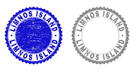 Grunge LIMNOS ISLAND stamp seals isolated on a white background. Rosette seals with grunge texture in blue and gray colors. Vector rubber overlay of LIMNOS ISLAND caption inside round rosette.