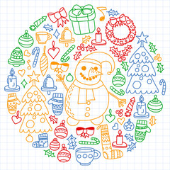 Vector set of Christmas, holiday winter days 2019, 2020, vector illustration. New Year's pattern, children's drawings with a teacher icons in doodle style. Painted, colorful, pictures on a sheet of