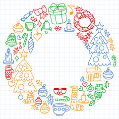 Vector set of Christmas, holiday winter days 2019, 2020, vector illustration. New Year's pattern, children's drawings with a teacher icons in doodle style. Painted, colorful, pictures on a sheet of