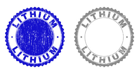 Grunge LITHIUM stamp seals isolated on a white background. Rosette seals with grunge texture in blue and grey colors. Vector rubber watermark of LITHIUM title inside round rosette.