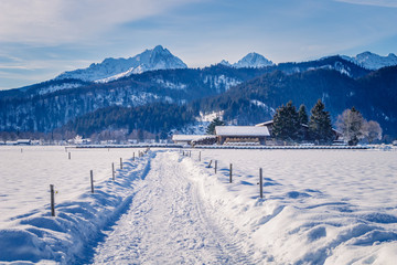 Fototapeta na wymiar Winter landscape in the European Alps at winter, snowy, sunny travel concept