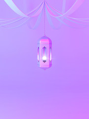 Pink violet arabic hanging lantern with ribbon on gradient background. Design creative concept of islamic celebration day ramadan kareem or eid al fitr adha. 3d rendering illustration.