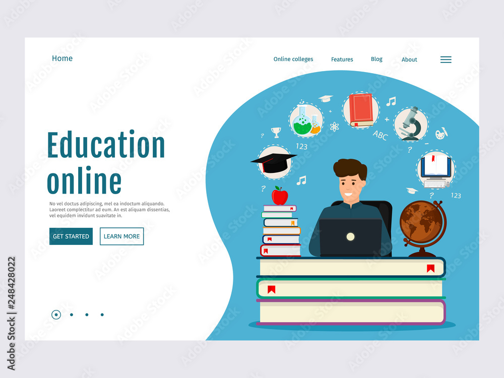 Aufkleber concepts of education and e-learning. student sitting at book table. web page design templates. mode