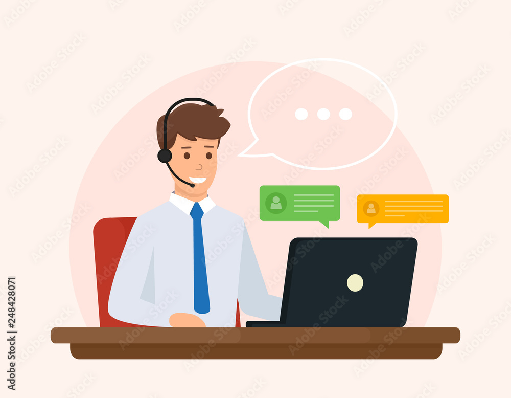 Poster online support, operator of call center answers questions a client. online customer service concept.