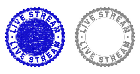 Grunge LIVE STREAM stamp seals isolated on a white background. Rosette seals with grunge texture in blue and grey colors. Vector rubber stamp imitation of LIVE STREAM tag inside round rosette.