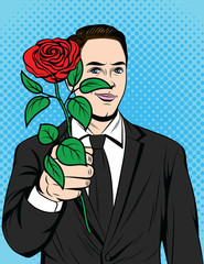 Color vector pop art comic style illustration of a man with a rose in his hand. Poster for Valentine's Day. A man in love holding a red rose in his hand. Handsome man in a suit holds out a flower