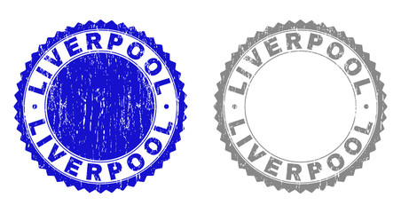 Obraz premium Grunge LIVERPOOL stamp seals isolated on a white background. Rosette seals with grunge texture in blue and gray colors. Vector rubber overlay of LIVERPOOL label inside round rosette.