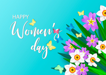 Fototapeta na wymiar Poster happy women's day. Bouquet 3d flowers cut of paper. Spring flowers Narcissus and Primrose with butterfly on blue background. Vector illustration style paper cut.
