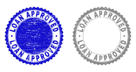 Grunge LOAN APPROVED stamp seals isolated on a white background. Rosette seals with grunge texture in blue and gray colors. Vector rubber stamp imprint of LOAN APPROVED text inside round rosette.