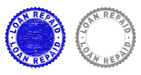 Grunge LOAN REPAID stamp seals isolated on a white background. Rosette seals with distress texture in blue and gray colors. Vector rubber stamp imprint of LOAN REPAID label inside round rosette.
