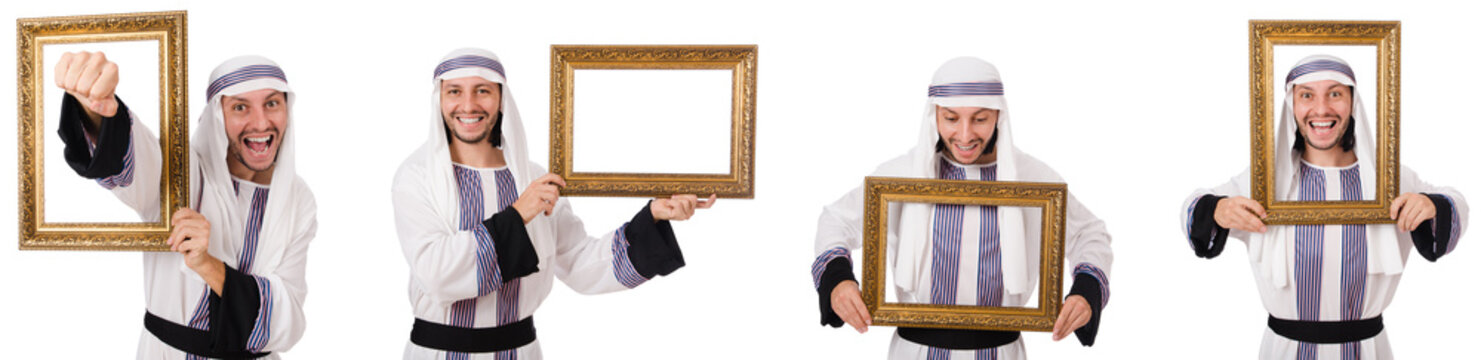 Arab man with picture frame isolated on white