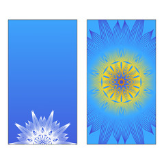 Yoga Card Template With Mandala Pattern. Vector illustration. Blue, yellow, white color. For Visit Card, Business, Greeting Card Invitation. Islam, Arabic, Indian, Mexican Ottoman Motifs.