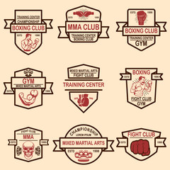 Set of mma and boxing club emblems. Design element for logo, label, sign, poster, t shirt.