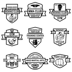 Set of mma and boxing club emblems. Design element for logo, label, sign, poster, t shirt.