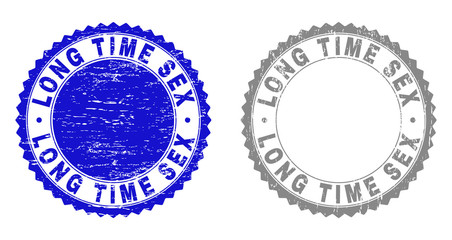 Grunge LONG TIME SEX stamp seals isolated on a white background. Rosette seals with grunge texture in blue and grey colors. Vector rubber stamp imprint of LONG TIME SEX caption inside round rosette.