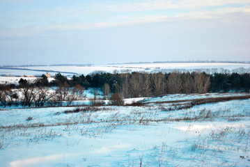 Hills covered with snow, pine forest on the hills, country houses  on horizon, winter landscape, bright blue cloudy sky