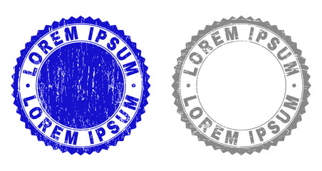 Obraz premium Grunge LOREM IPSUM stamp seals isolated on a white background. Rosette seals with grunge texture in blue and gray colors. Vector rubber stamp imprint of LOREM IPSUM caption inside round rosette.