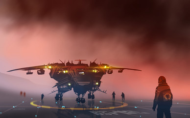 Digital illustration painting design style a space ship with pilots on runway against the big storm, sci-fi, futuristic concept.