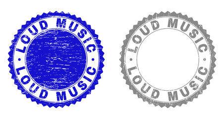 Grunge LOUD MUSIC stamp seals isolated on a white background. Rosette seals with grunge texture in blue and gray colors. Vector rubber stamp imprint of LOUD MUSIC label inside round rosette.