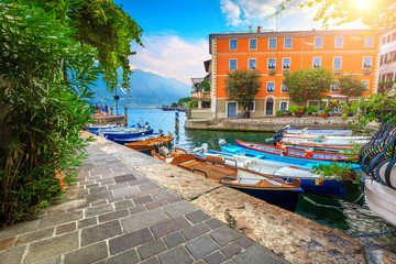 Fishing boats in harbor of Limone sul Garda, Lombardy, Italy