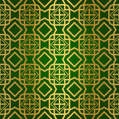 Luxury Seamless Geometrical Linear Texture. Original Geometrical Puzzle. Backdrop. Vector illustration. Green gold color. Design For Prints, Textile, Decor, Fabric.