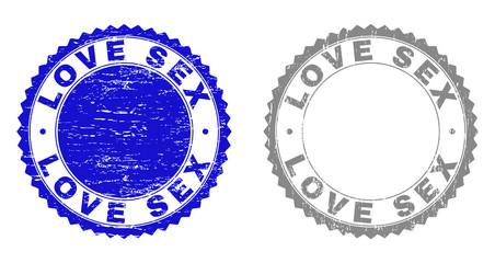 Grunge LOVE SEX stamp seals isolated on a white background. Rosette seals with grunge texture in blue and gray colors. Vector rubber stamp imprint of LOVE SEX title inside round rosette.