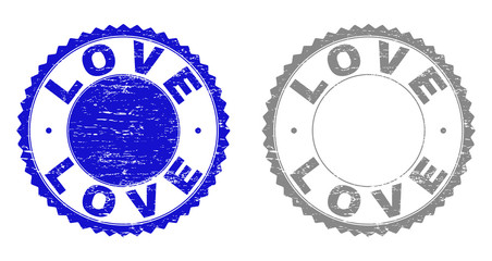 Grunge LOVE stamp seals isolated on a white background. Rosette seals with distress texture in blue and grey colors. Vector rubber stamp imprint of LOVE title inside round rosette.