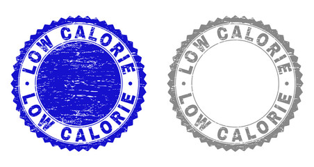 Grunge LOW CALORIE stamp seals isolated on a white background. Rosette seals with grunge texture in blue and gray colors. Vector rubber stamp imprint of LOW CALORIE tag inside round rosette.
