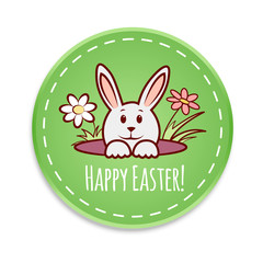 Cute Easter bunny looks out of a hole on a round card-banner. With a pattern and spring flowers. Green color. Isolated on white background. Easter, vector illustration.