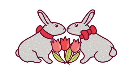 Two Easter bunnies sit facing each other. With a pattern of hearts on the skin. Between them are red tulips. Linear drawing in flat style. On a white background. Vector illustration