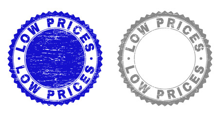 Grunge LOW PRICES stamp seals isolated on a white background. Rosette seals with distress texture in blue and grey colors. Vector rubber stamp imitation of LOW PRICES label inside round rosette.