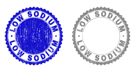 Grunge LOW SODIUM stamp seals isolated on a white background. Rosette seals with distress texture in blue and gray colors. Vector rubber stamp imprint of LOW SODIUM title inside round rosette.