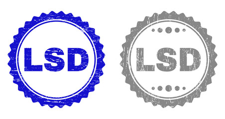 Grunge LSD stamp seals isolated on a white background. Rosette seals with grunge texture in blue and grey colors. Vector rubber stamp imprint of LSD caption inside round rosette.