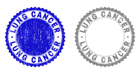 Grunge LUNG CANCER stamp seals isolated on a white background. Rosette seals with grunge texture in blue and grey colors. Vector rubber stamp imitation of LUNG CANCER caption inside round rosette.