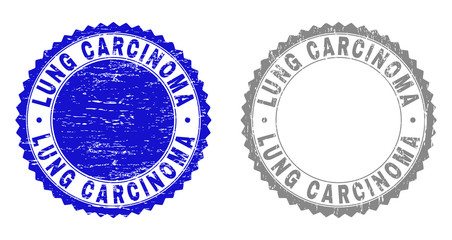 Grunge LUNG CARCINOMA stamp seals isolated on a white background. Rosette seals with distress texture in blue and gray colors.